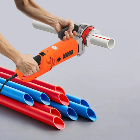 2300W Heavy Duty Electric Pipe Threader Machine Kit in action, threading PVC pipe with red and blue pipes in view.