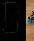 TOF LiDAR Sensor With 360 Degree Omni Directional Laser Scanning Anti Glare Up To 60000 Lux 5000 Hz Ranging 12 Meter Range Supports ROS And ROS2 High Precision Time Of Flight For Robotics Pros mounted on a robotic chassis next to a radar display.