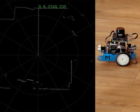 TOF LiDAR Sensor With 360 Degree Omni Directional Laser Scanning Anti Glare Up To 60000 Lux 5000 Hz Ranging 12 Meter Range Supports ROS And ROS2 High Precision Time Of Flight For Robotics Pros mounted on a robotic chassis next to a radar display.