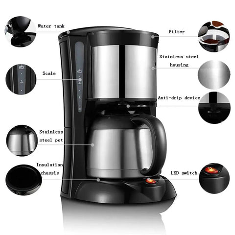 Automatic Bean To Cup Coffee Machine With Stainless Steel Pot showcasing water tank, scale, filter, and anti-drip device.