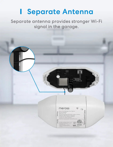 Close-up of Smart Garage Door Opener Remote with App Control and Alexa SmartThings compatibility, showing separate antenna.