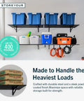 Beefy Garage Wall Shelves 1x4 Ft Set Of 2 With 6 Hooks 400 Lb Total Capacity 200 Lb Per Shelf Powder Coated Steel For Easy Tool Organization And Hardcore Garage Storage mounted with bins and tools