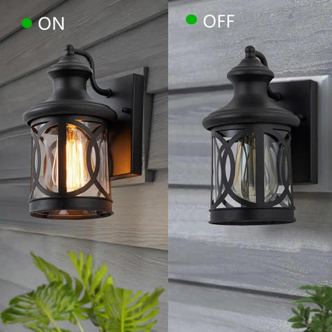 Two Pack Outdoor Wall Lights For Porch And Exterior Use Matte Black Sconces With Clear Glass Shade Waterproof Weather Resistant Exterior Light Fixtures For House Garage Patio Front Door Balcony shown on and off