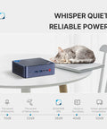 Lightning Fast N95 Mini PC For Home Office And Media on table with sleeping cat, showcasing size and quiet operation