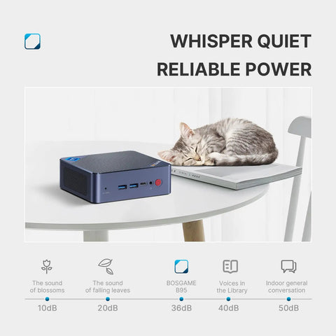 Lightning Fast N95 Mini PC For Home Office And Media on table with sleeping cat, showcasing size and quiet operation
