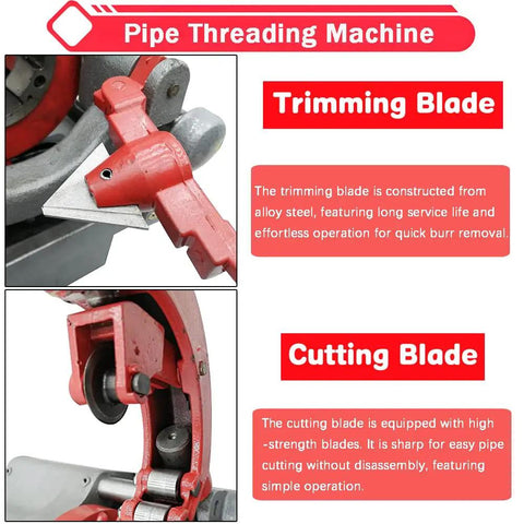 Industrial Strength Electric Pipe Threading Machine And Cutter Tool 1/2 To 2 Inch Npt Dies 110V showing trimming and cutting blades for pipe work.