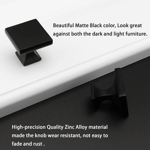 Twelve Pack Matte Black Square Cabinet Knobs Solid Zinc Alloy Drawer Pulls Heavy Duty Hardware on light and dark surfaces.