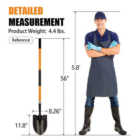 Garden Shovel with 56-inch round blade and fiberglass handle next to a person for size reference