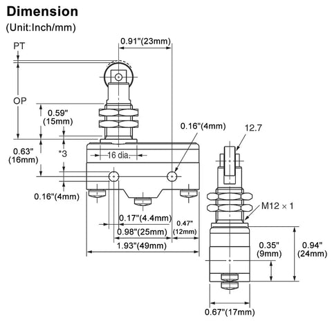 Diagram of General Purpose Micro Switch With Panel Mount Roller Plunger, dimensions and specifications shown