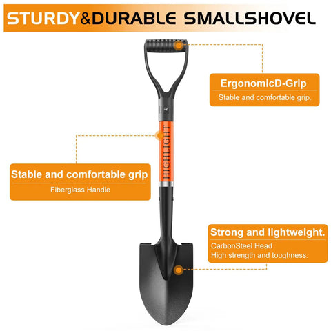 Kids Shovel For Sand And Snow, 28 Inch D Handle Metal Shovel With Fiberglass Handle, labeled features, orange