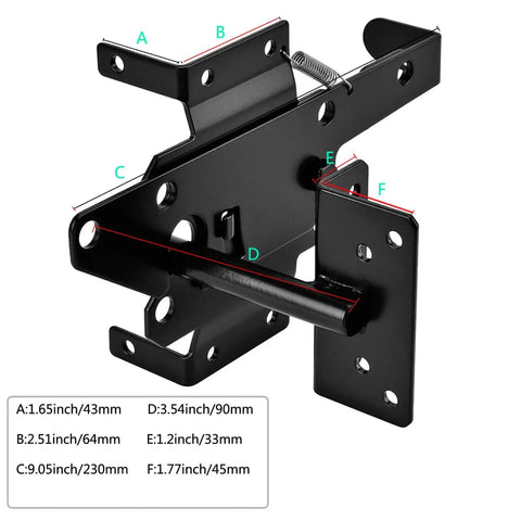 Detailed view of Self-Locking Gate Latch With Post Mount For Wood Fences, Automatic Gravity Lever in steel black finish, dimensions labeled.