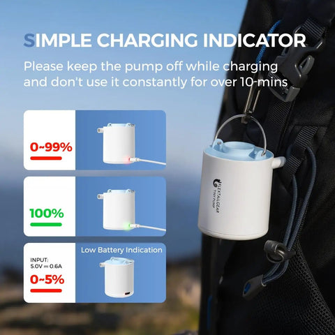 Charging indication for Ultra Mini Portable Air Pump For Inflatables, Rechargeable Electric Pump For Camping Gear, Pool Floats