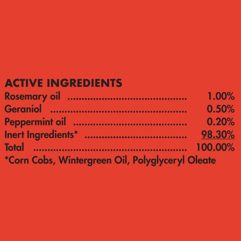 Ingredients list of Natural Grub And Insect Control For Lawns That Kills And Repels Over 10 Lawn Pests Including Grubs Ants Chinch Bugs Ticks And Fleas While Keeping Bees Butterflies Ladybugs And Earthworms Safe For A Coverage Up To 5,000 Sq Ft Of Lawn showing rosemary, geraniol, peppermint oils.