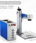 30W Pro Grade Fiber Laser Engraver With Dual Cooling Fans And Integrated Power Supply Panic Button And Stable Raycus Core Laser For Easy Metal And Plastic Engraving For DIY Makers And Small Shops shown with dimensions and cool blue design