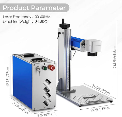 30W Pro Grade Fiber Laser Engraver With Dual Cooling Fans And Integrated Power Supply Panic Button And Stable Raycus Core Laser For Easy Metal And Plastic Engraving For DIY Makers And Small Shops shown with dimensions and cool blue design
