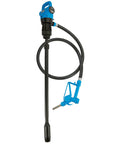 Heavy Duty Electric Drum Pump Pulls Four Gpm Real Smooth With 110V AC Plug In Power No Sweat Moves Diesel Oil Kerosene Def Fluid Quick Built In Debris Filter Telescoping Tube Fits Standard 55 Gallon Barrels Easily, featuring a black hose and blue nozzle.