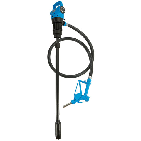 Heavy Duty Electric Drum Pump Pulls Four Gpm Real Smooth With 110V AC Plug In Power No Sweat Moves Diesel Oil Kerosene Def Fluid Quick Built In Debris Filter Telescoping Tube Fits Standard 55 Gallon Barrels Easily, featuring a black hose and blue nozzle.