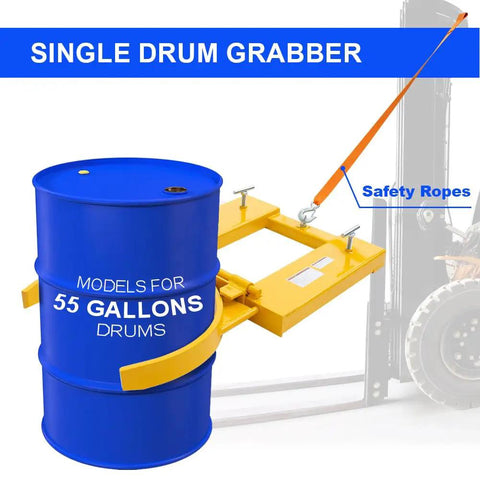 Heavy Duty Dmc Drum Grabber With 1500 Lbs Capacity Single Fork Mounted Design And Hinged Folding Arms Perfect For Moving 55 Gallon Drums Up To 22.4 Inches Wide While Saving Space And Keeping Your Crew Safe From Back Strain with safety ropes attached.