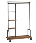Smooth Rolling 5 Tier Clothes Rack With Industrial Pipe Frame And Rustic Brown Shelves For Organizing Wardrobe Essentials And Flexing Your Daily Fits At Home, showcasing the structure with four shelves and wheels.