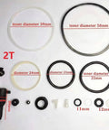2 Ton Vertical Hydraulic Bottle Jack Repair Kit With Oil Seal And O Ring Replacement Parts laid out with labeled diameters