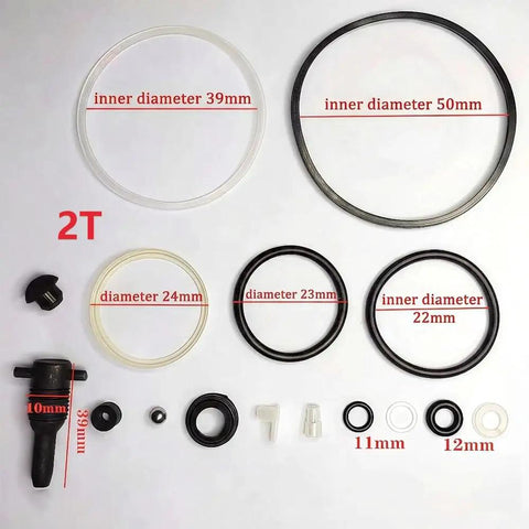 2 Ton Vertical Hydraulic Bottle Jack Repair Kit With Oil Seal And O Ring Replacement Parts laid out with labeled diameters