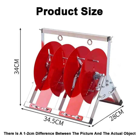 Rock Solid Stainless Steel Cable Reel Holder And Heavy Duty Wire Spool Rack Dispenser with product dimensions 34cm height, 34.5cm width, and 28cm depth.
