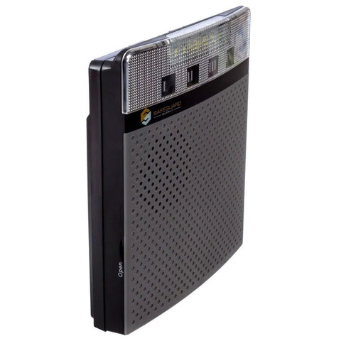 Wireless Doorbell Extender Kit With Multiple Chime Receivers For Use With Your Existing Doorbell System Easy Plug And Play LRA EX1000 Repeater, showing angled view of gray transmitter.