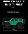 Green SUV with high chassis and big tires featuring 150mm wheelbase and 260mm total length, emphasizing stability for off-road use.