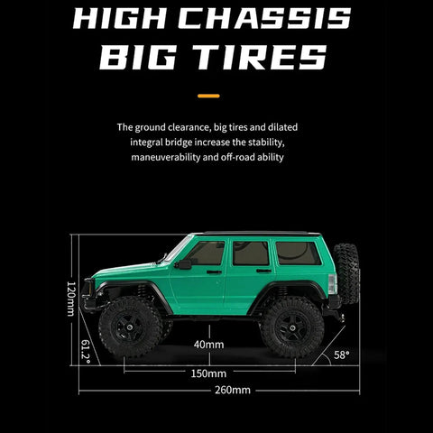 Green SUV with high chassis and big tires featuring 150mm wheelbase and 260mm total length, emphasizing stability for off-road use.