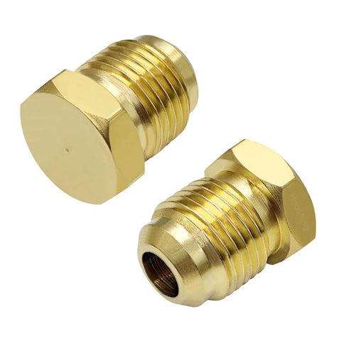 Brass Flare Plug Set For 3/8 Inch Tube OD SAE 45 Degree Fittings - 2 Pack Seal Plugs and Cap Kit, hexagonal ends