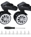Silent And Smooth Rolling Luggage Wheel Replacement Kit Featuring Rock Solid Steel Axles With Super Flexible 360 Degree Swiveling Casters For Travel Gear Sets, includes black casters, screws, and screwdriver.