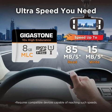Rock Solid 8GB MLC Micro SD Card 2 Pack Built Different High Endurance Memory Card For Dash Cam And Security Systems Full HD Continuous Recording Smooth Write Speeds Up To 85 MBPS Including Universal Adapter Badass Durability in a car setting with dashboard.