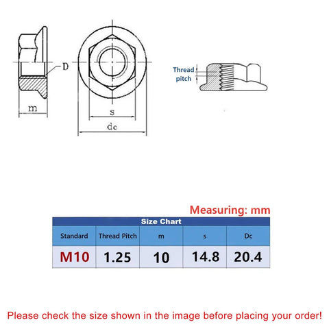 Badass Heavy Duty 304 Stainless Steel M10 X 1.25mm Hex Serrated Flange Nuts 30 Piece Set Bright Finish size chart and measurements