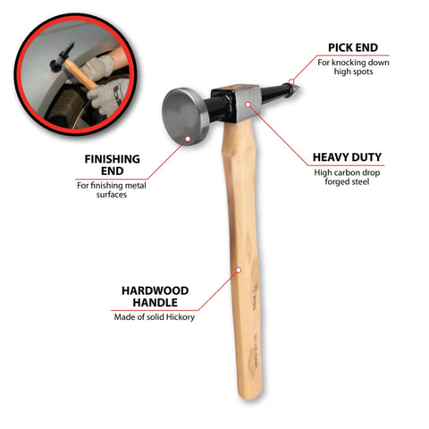 W1013 Pick And Finishing Hammer For Auto Body Work High Carbon Drop Forged Steel Head Delivers Precision Finish Knock Down High Spots Smooth Taps Rugged Hand Tool Built For Pros And DIY Auto Enthusiasts with hickory hardwood handle and labeled parts