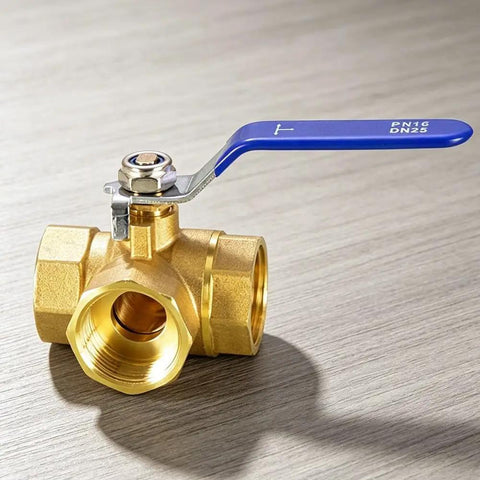 Built Tough Forged Brass Three Way Valve T Type Half Inch Bsp Thread Heavy Duty Plumbing Connector with blue handle.