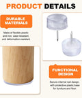 Twelve Pack Furniture Sliders With Nail On Steel Pins For Scratch Free Hardwood Floors Sweet Ride Chair Table And Desk Foot Pads Transparent Blue close-up of plastic sliders and wood furniture leg.