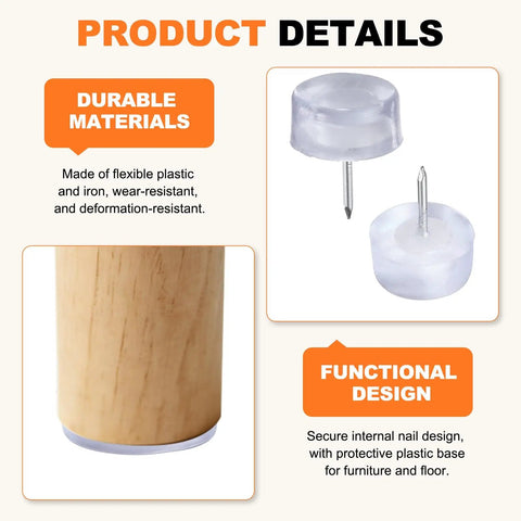 Twelve Pack Furniture Sliders With Nail On Steel Pins For Scratch Free Hardwood Floors Sweet Ride Chair Table And Desk Foot Pads Transparent Blue close-up of plastic sliders and wood furniture leg.