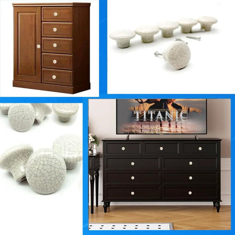 White Ceramic Cracked Cabinet Handles Set of 10 displayed on cabinets and drawers, vintage elegant design with zinc alloy core.