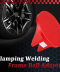 Magnetic Car Jack Pad Aluminum Slotted Magnet Pinch Weld Frame Rail Adapter next to black car wheel
