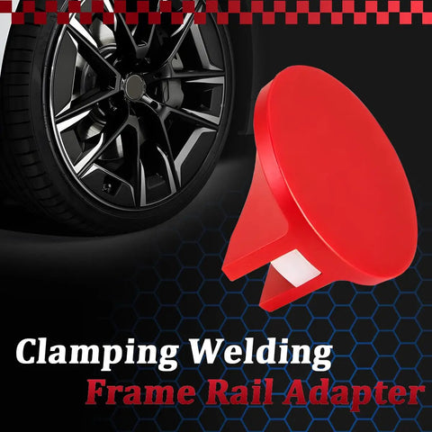 Magnetic Car Jack Pad Aluminum Slotted Magnet Pinch Weld Frame Rail Adapter next to black car wheel