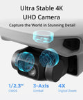 Close-up of Ultra Portable 4K Drone With Camera For Beginners, 3 Axis Gimbal, display of 4K UHD camera features