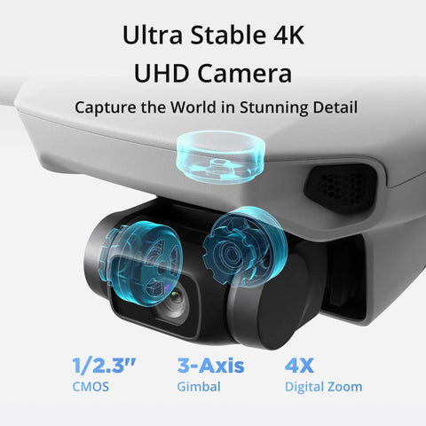 Close-up of Ultra Portable 4K Drone With Camera For Beginners, 3 Axis Gimbal, display of 4K UHD camera features