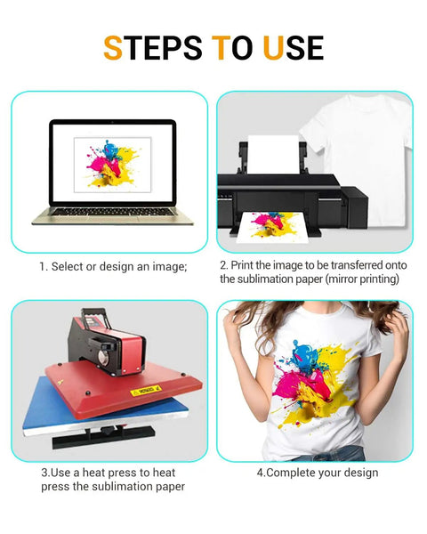 Steps to use 100 Sheets Sublimation Paper For Tees And Mugs And DIY Heat Transfers with Epson HP Canon inkjet printers