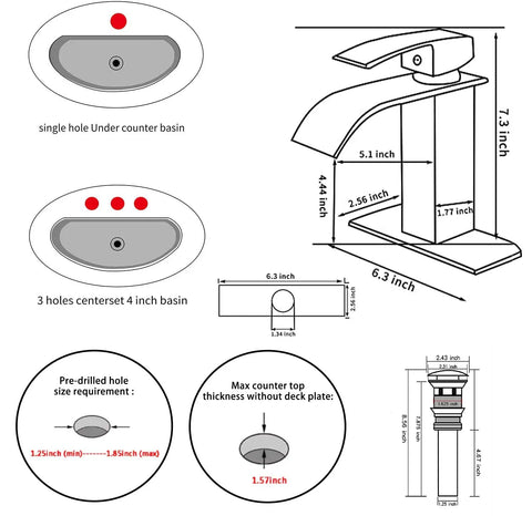Diagram of Brushed Gold Waterfall Bathroom Faucet Deck Mount Single Handle 4 Inch Install With 6.5 Inch Cover Plate Vanity Sink Faucet