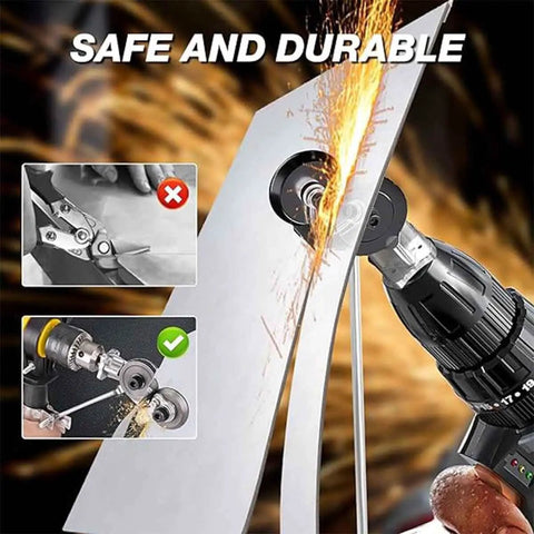 Heavy Duty Electric Drill Shear Conversion Kit That Clamps Straight In To Rip Steel Aluminum Copper And Drywall Like Butter Fast Twist Lock Chuck Mount cutting through sheet metal with sparks.