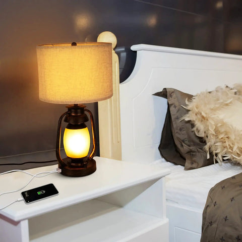 Set Of 2 Farmhouse Table Lamps With Dual USB Charging Ports And 4 Way Rotary Switch on white nightstand in bedroom