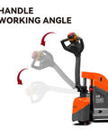 Aequanta Full Electric Pallet Jack, Heavy Duty 3900 Lb Load Capacity Mini Pallet Truck With Built In Battery, handle working angle shown.