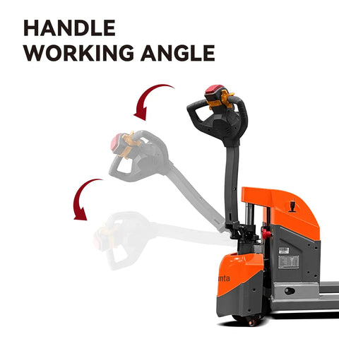 Aequanta Full Electric Pallet Jack, Heavy Duty 3900 Lb Load Capacity Mini Pallet Truck With Built In Battery, handle working angle shown.
