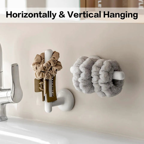 Suction Cup Headband Holder And Wall Mounted Hair Accessory Organizer Keeps Your Bathroom Vanity Looking Fly With This Hassle Free No Drill Scrunchie Storage Rack In Crisp White, featuring scrunchies and a hair clip.