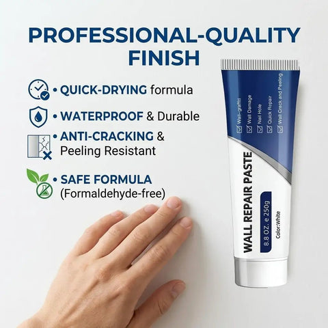 DIY Friendly Drywall Repair Kit With Scraper And Spackle For Quick Wall Patch Mending Three Tubes Of Wall Mending Agent Nozzle Extenders And Sandpaper For Filling Holes And Cracks The Fast Drying Solution For Home Walls featuring a tube of wall repair paste with professional-quality finish indicators.